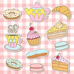 Doodle set - tea, bakery, sweets stickers.