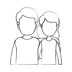 blurred silhouette cartoon faceless half body couple woman with short wavy hair and man vector illustration