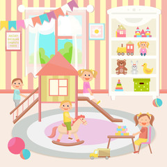 Kindergarten vector illustration. Kids club. Flat design. Children's activity in the play room. Playing, education.