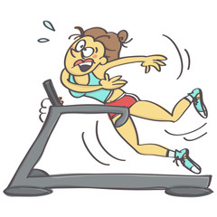 Naklejka premium Funny vector cartoon of woman falling while jogging on running machine
