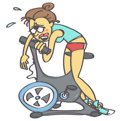 Funny vector cartoon with exhausted woman on stationary bike