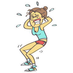 Humorous vector cartoon with woman in sporty outfit doing squats.