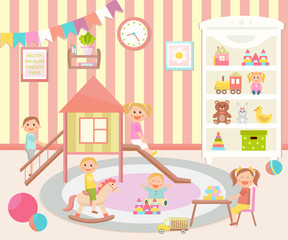Kindergarten vector illustration. Kids club. Flat design. Children's activity in the play room. Playing, education.