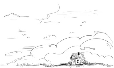 A lonely house in the field. Sketch of nature. Line drawing. Vector. Quick illustration