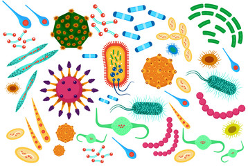 Virus bacteria icons set. Cartoon flat color vector illustration.