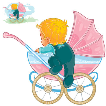 Vector clip art illustration of little baby crawls out of a baby carriage. Print, template, design element