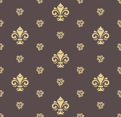 Seamless vector golden pattern. Modern geometric ornament with royal lilies. Classic vintage background