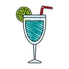 color crayon stripe image glass cup of cocktail with straw and decorative lemon vector illustration