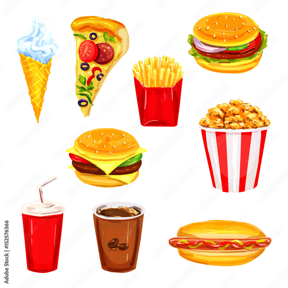 Wall mural fast food restaurant lunch menu watercolor set