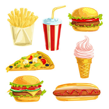 Fast food lunch meal with dessert watercolor set