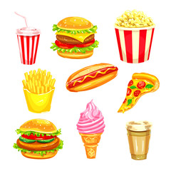 Fast food and drinks watercolor illustration set