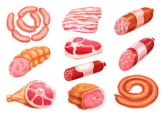 Meat product watercolor drawing set with sausage © Vector Tradition