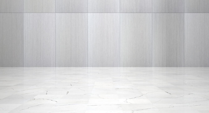 Empty Room With Metal Wall Panels and Polished Marble Floor