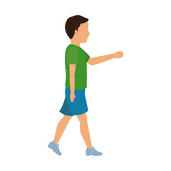 boy young walking with green tshirt and blue short vector illustration