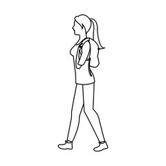 character woman walking with package outline vector illustration