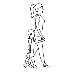 mother and her son walking together outline vector illustration