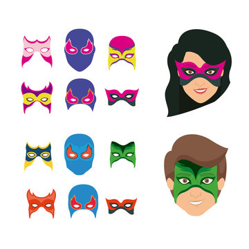 White Background Set Ccollection Mask Of Super Hero Male And Female Vector Illustration