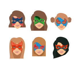 white background set face super hero women with mask vector illustration