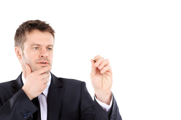 Business man writing with a pen, white background