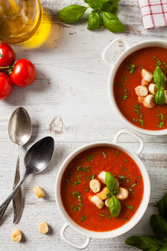Traditional tomato soup, served with croutons.