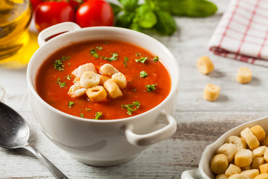Traditional tomato soup, served with croutons.