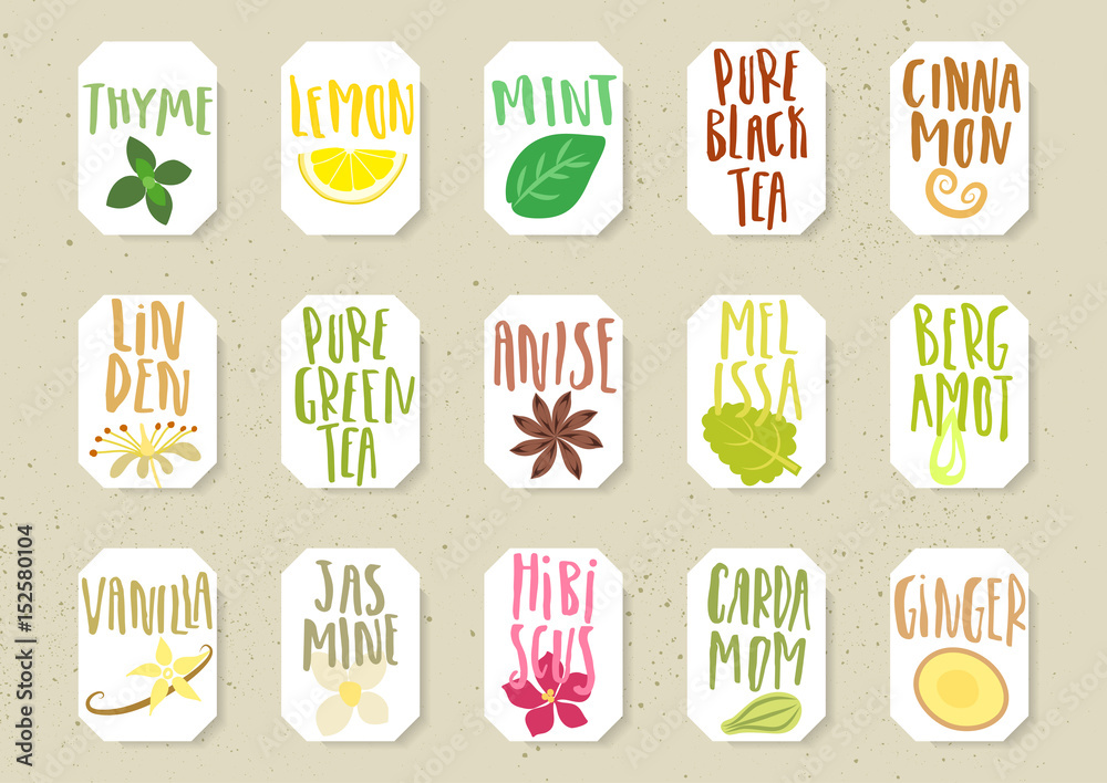 Wall mural vector set of trendy paper tags for tea packing. various natural organic additives for drinks with h