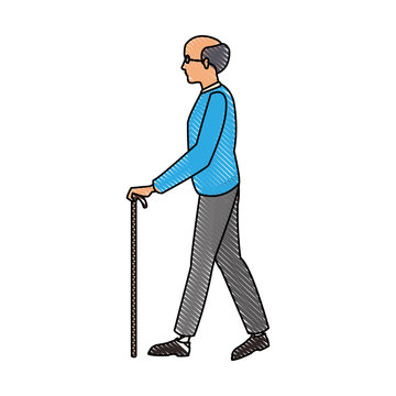 drawing elderly man walking stick cane vector illustration
