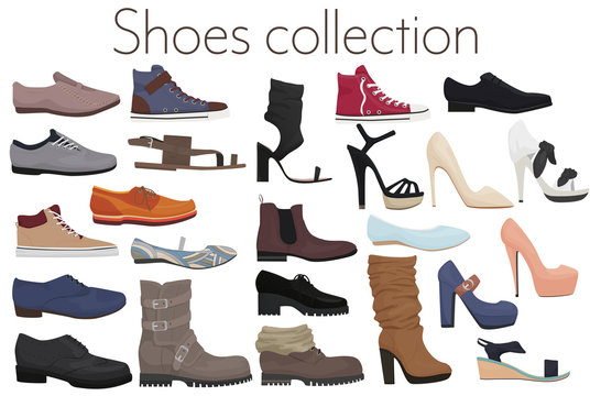 Vector trendy collection of men's and women's shoes fashion footwear.