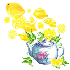 Obraz na płótnie Canvas Watercolor postcard with vintage pattern - porcelain teapot with flowers. Citrus drink, lemon, slice, splash. Branch with leaves and flowers