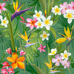 Tropical Palm Leaves and Flowers, Jungle Leaves Seamless Vector Floral Pattern Background - 152582912