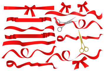 Metal chrome and golden scissors cutting red silk ribbon. Realistic opening ceremony symbols Tapes ribbons and scissors set. Grand opening inauguration event public ceremony. - obrazy, fototapety, plakaty
