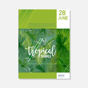 Brochure Template. Tropical Palms Summer Graphic Background, Exotic Floral Banner, Invitation, Flyer or Card. Modern Front Page in Vector