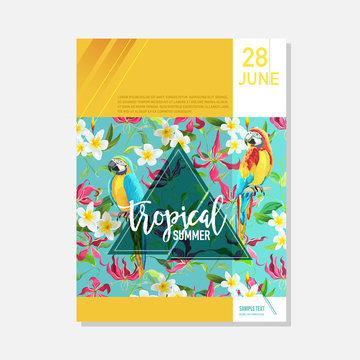 Brochure Template. Tropical Flowers and Parrots Summer Graphic Background, Exotic Floral Banner, Invitation, Flyer or Card. Modern Front Page in Vector