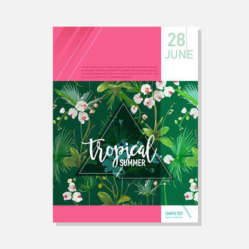 Brochure Template. Tropical Orchid Flowers Summer Graphic Background, Exotic Floral Banner, Invitation, Flyer or Card. Modern Front Page in Vector