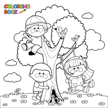 Children in the garden playing on a tree. Vector black and white coloring page.