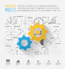 Cogs - Gears. Vector long shadow Flat design background with Creative thinking drawing charts and graphs strategy plan ideas