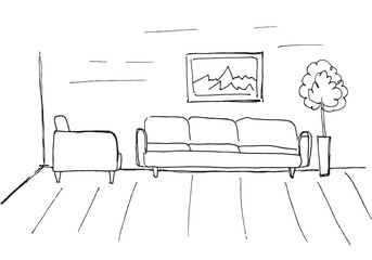Linear sketch of an interior. Room plan. Vector illustration.