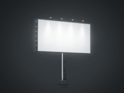 Blank White Banner Mock Up On City Billboard At Night, 3d Rendering. Empty Bill Board Mockup Isolated. Clear Light Canvas On Street Sign. Large Outdoor Poster Screen. Big Illuminated Cityboard Signage