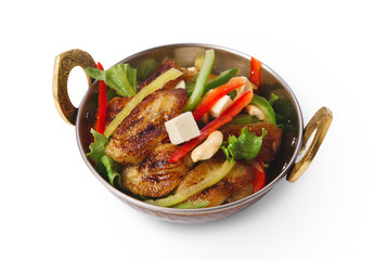 Vegan and vegetarian indian restaurant dish, fried paneer salad isolated
