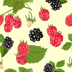 Seamless pattern with ripe raspberries and blackberries. Vector illustration.