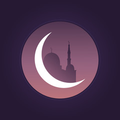 Ramadan arabian landscape view. Mosque, night sky and shiny moon. Illustration for islamic holidays
