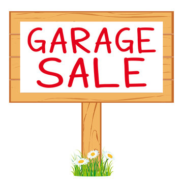 Garage sale illustration. Wood sign panel. Red poster.
