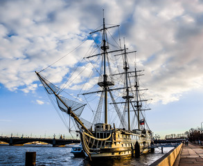 Frigate on the Neva river in St Petersburg. Russia