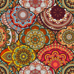 Colorful tiles boho seamless pattern. Mandala background. Abstract flower ornament. Floral wallpaper, furniture, textile print, hippie fabric. Romantic decoration from weave design elements.