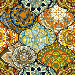 Colorful tiles boho seamless pattern. Mandala background. Abstract flower ornament. Floral wallpaper, furniture, textile print, hippie fabric. Romantic decoration from weave design elements.
