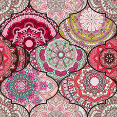 Colorful tiles boho seamless pattern. Mandala background. Abstract flower ornament. Floral wallpaper, furniture, textile print, hippie fabric. Romantic decoration from weave design elements.