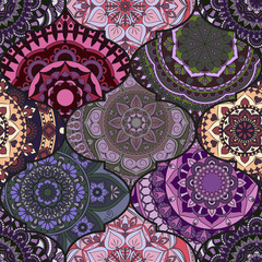 Colorful tiles boho seamless pattern. Mandala background. Abstract flower ornament. Floral wallpaper, furniture, textile print, hippie fabric. Romantic decoration from weave design elements.