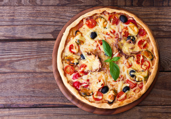 Italian Pizza with seafood. top view
