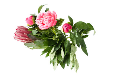 A beautiful bouquet with Prothea and Peonies on a pure white background..