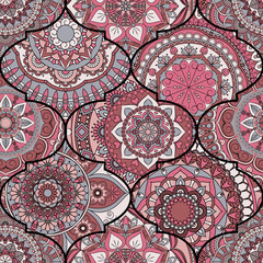 Colorful tiles boho seamless pattern. Mandala background. Abstract flower ornament. Floral wallpaper, furniture, textile print, hippie fabric. Romantic decoration from weave design elements.